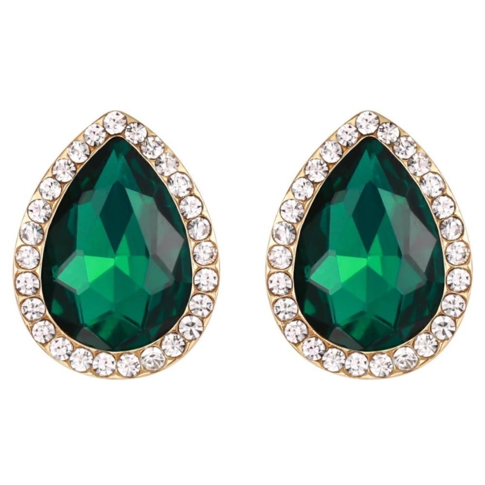Yellow Gold with Emerald and Diamond Austrian Crystal Teardrop Stud Earrings